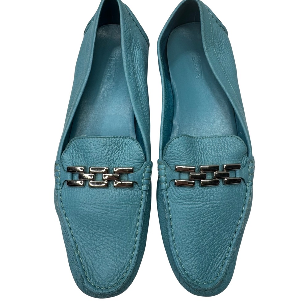 Talbots Driving Loafers Womens 9B Teal Leather Pebbled Silver Link Preppy Flats